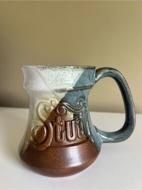 Pottery Craft ©️ USA Handcrafted Studio Ceramic Mug in Brown Cream Blue STUD